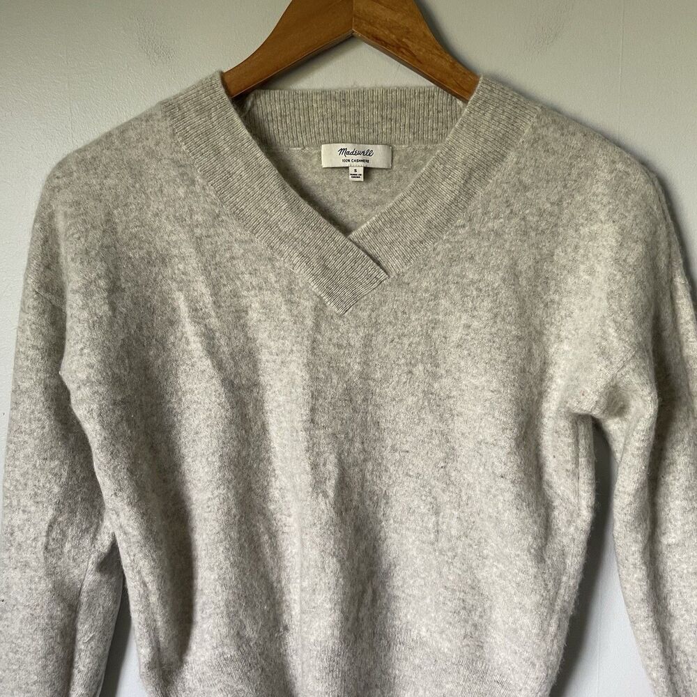 Madewell 100% Cashmere Knit Sweater V-Neck Gray Cream Women's Size Small - Picture 4 of 9